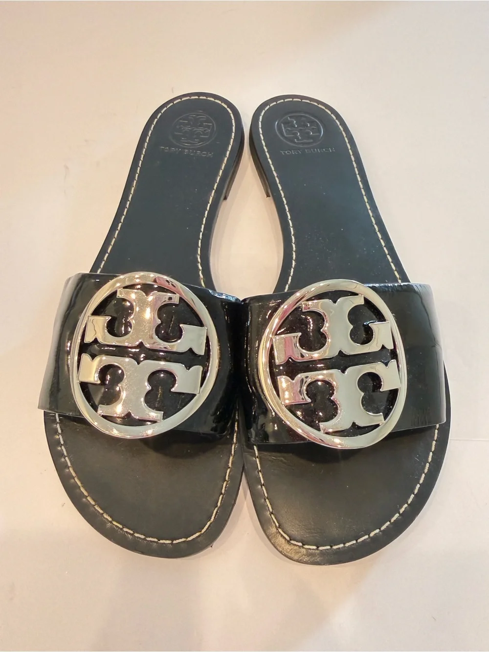 Tory Burch Grania Black Patent Leather Slide Sandals Silver Logo Size 9